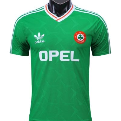 1990 Ireland Home Jersey, white with green Adidas stripes, Opel sponsor logo, and FAI shamrock crest.