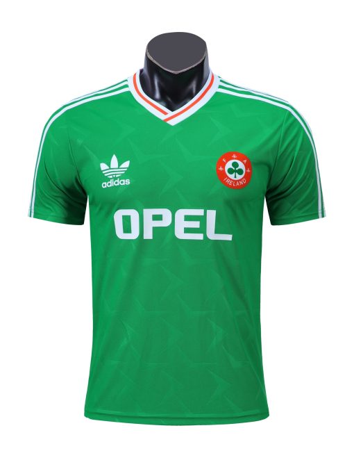 1990 Ireland Home Jersey, white with green Adidas stripes, Opel sponsor logo, and FAI shamrock crest.