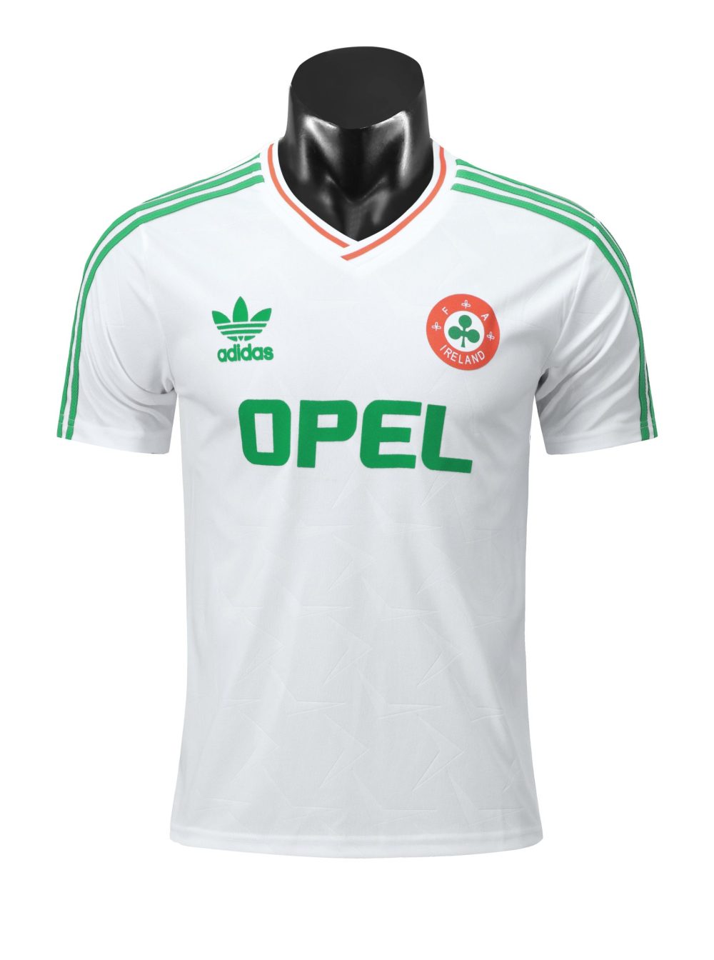 1990 Ireland Away Jersey, green with white Adidas stripes, Opel sponsor logo, and FAI shamrock crest