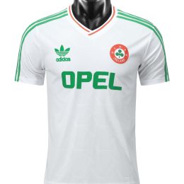 1990 Ireland Away Jersey, green with white Adidas stripes, Opel sponsor logo, and FAI shamrock crest