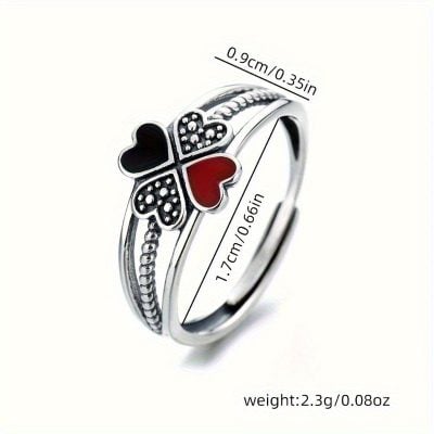 Women's Four-Leaf Clover Enamel Ring with Red Heart Accent