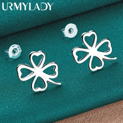 URMYLADY 925 Sterling Silver Four-Leaf Clover Stud Earrings