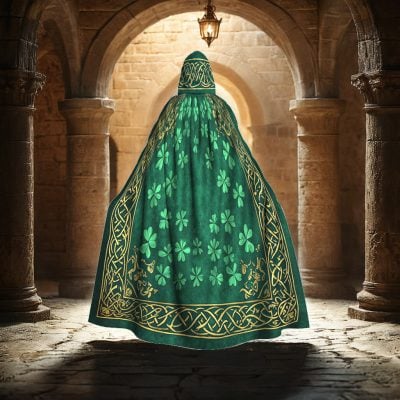 Elegant Irish Celtic Cloak Cape – Green & Golden Shamrock Pattern