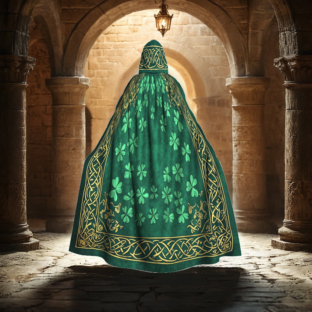 Elegant Irish Celtic Cloak Cape – Green & Golden Shamrock Pattern Elegant Irish Celtic Cloak Cape – Green & Golden Shamrock Pattern