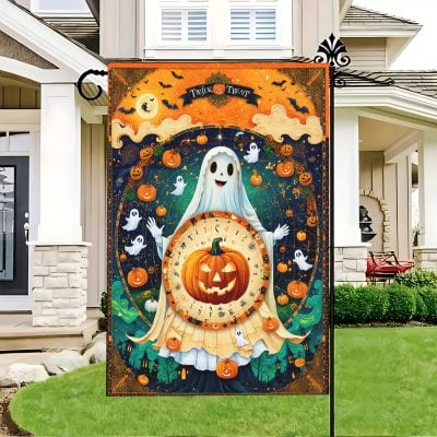 Halloween Garden Flag - Spooky Ghosts, Pumpkin & Bats Design