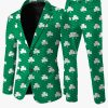 Men’s Green Blazer & Pants Set – Clover Pattern, Slim Fit, Polyester Blend