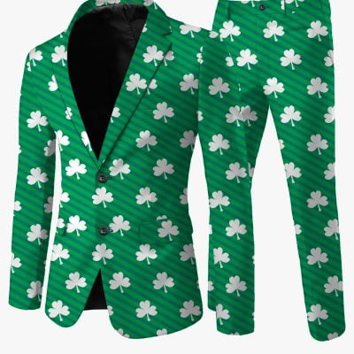 Men’s Green Blazer & Pants Set – Clover Pattern, Slim Fit, Polyester Blend