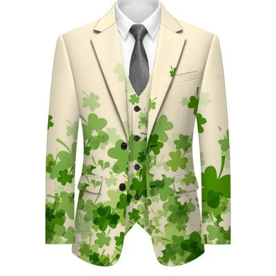 Men’s Irish Clover Print Suit Set – Green Vest, Pants, Jacket