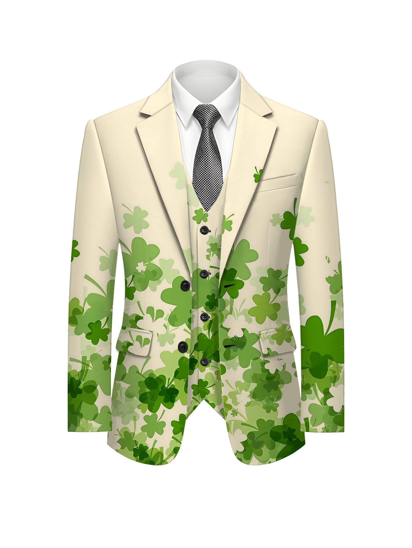 Men’s Irish Clover Print Suit Set – Green Vest, Pants, Jacket Men’s Irish Clover Print Suit Set – Green Vest, Pants, Jacket