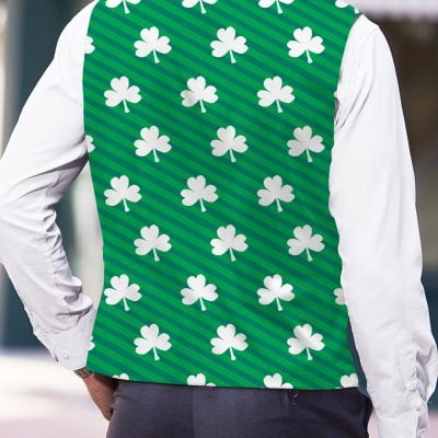 Men’s St. Patrick’s Day Clover Print V-Neck Vest – White Buttons, Black Bow Tie