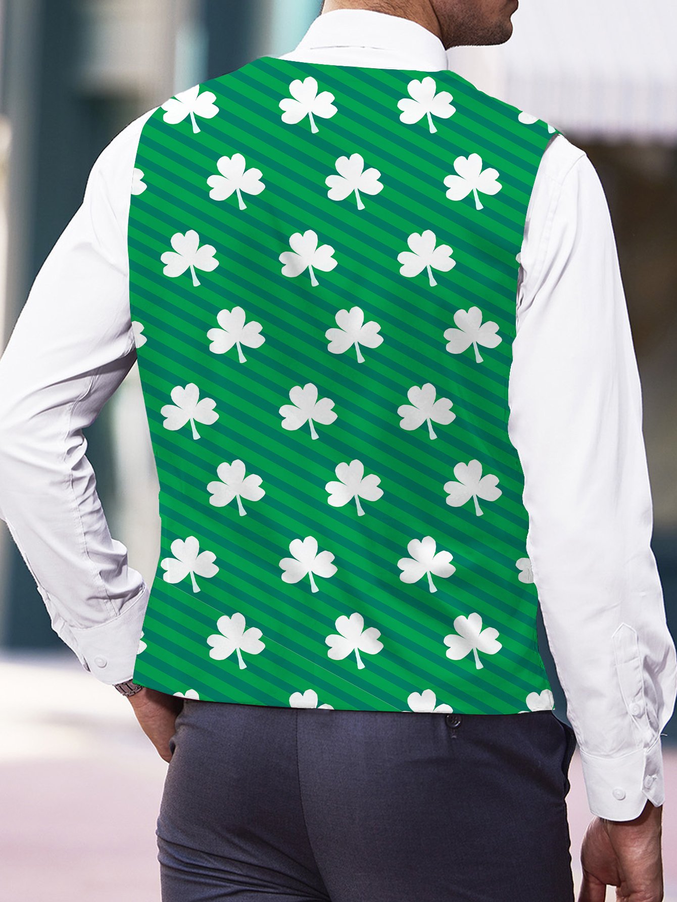 Men’s St. Patrick’s Day Clover Print V-Neck Vest Men’s St. Patrick’s Day Clover Print V-Neck Vest – White Buttons, Black Bow Tie