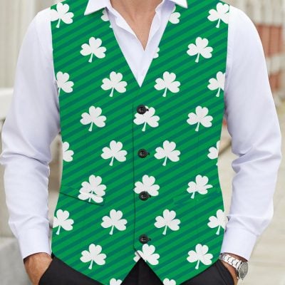 Men’s St. Patrick’s Day Clover Print V-Neck Vest – White Buttons, Black Bow Tie