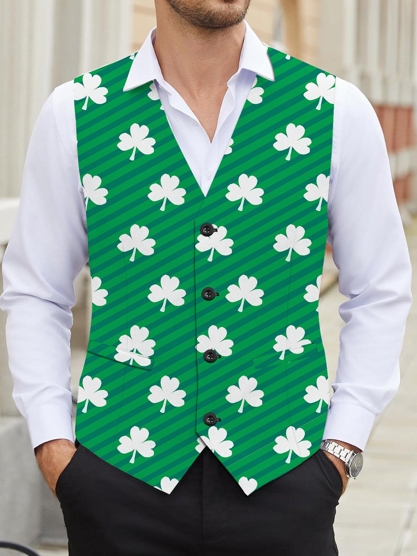 Men’s St. Patrick’s Day Clover Print V-Neck Vest Men’s St. Patrick’s Day Clover Print V-Neck Vest – White Buttons, Black Bow Tie
