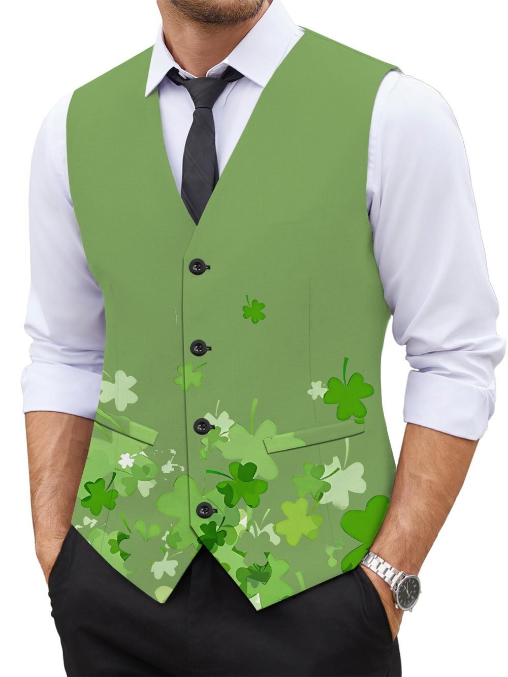 Men's Stylish Green V-Neck Vest with Shamrock Print
