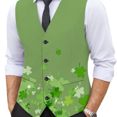 Men's Stylish Green V-Neck Vest with Shamrock Print