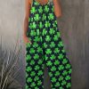 St. Patrick’s Day Clover Print Pleated Jumpsuit – Wide Leg, Drawstring Waist, Pockets