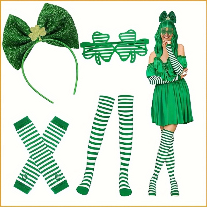 St. Patrick’s Day Women’s 4pcs Costume Set St. Patrick’s Day Women’s 4pcs Costume Set with Shamrock Headband, Striped Tights, Gloves & Shutter Glasses