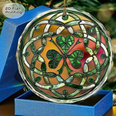 Irish Gifts - GAA, Ireland Football Jerseys, Ireland Rugby Jerseys Round Celtic Shamrock Crystal Christmas Ornament