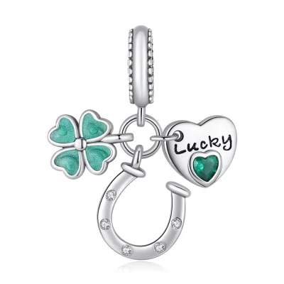 Sterling Silver Charms Green Four Leaf Clover Horseshoe Bead Earring