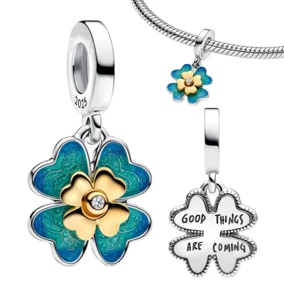 Sterling Silver Charms Green Four Leaf Clover Horseshoe Bead Earrings Pendant