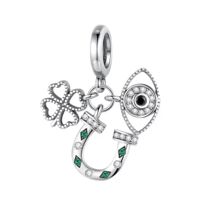 Lucky 925 Sterling Silver Charms Green Four Leaf Clover Horseshoe Bead Earrings