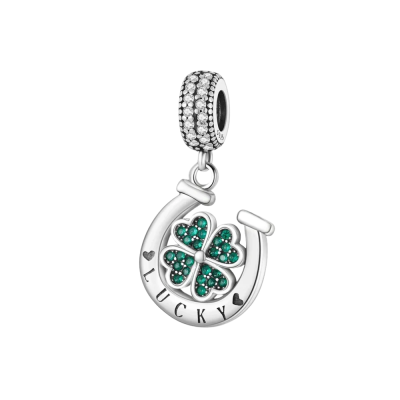 Lucky 925 Sterling Silver Four Leaf Clover Horseshoe Charm Bead