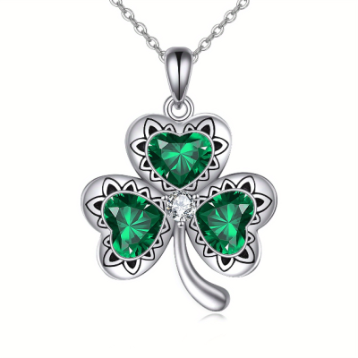 925 Sterling Silver Green Zirconia Shamrock Necklace