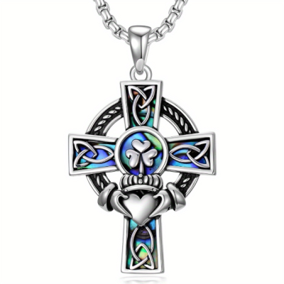 Irish Abalone Shell Claddagh Cross Necklace
